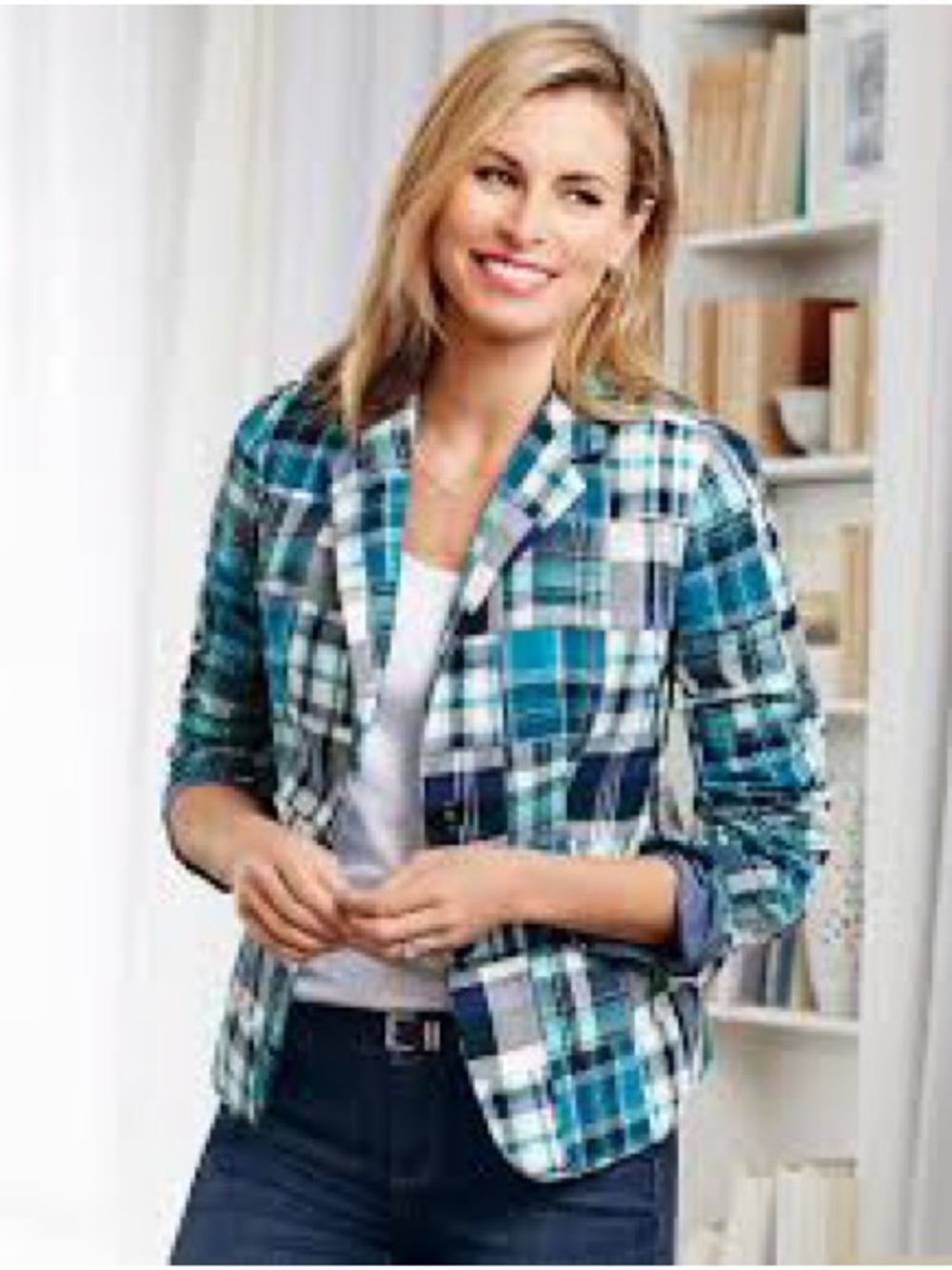 Talbots Patchwork Plaid Blazer Womens 8 Blue Teal Coastal Preppy